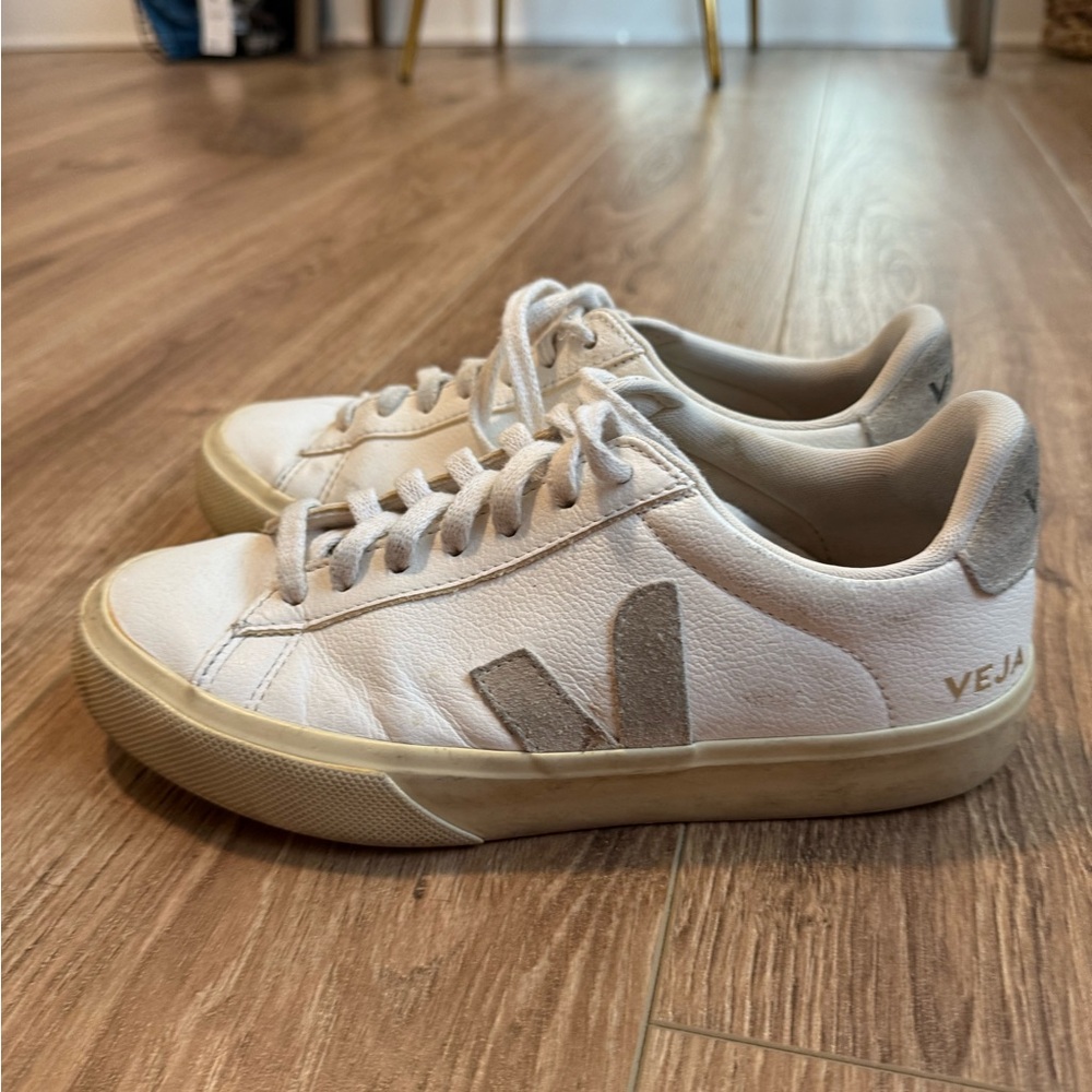 Veja White and Gray Low-Top Leather Sneakers